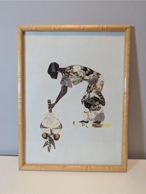 Butterfly Wing Art Handmade 13" x 10" Vintage  African Figure Wall Decor Framed